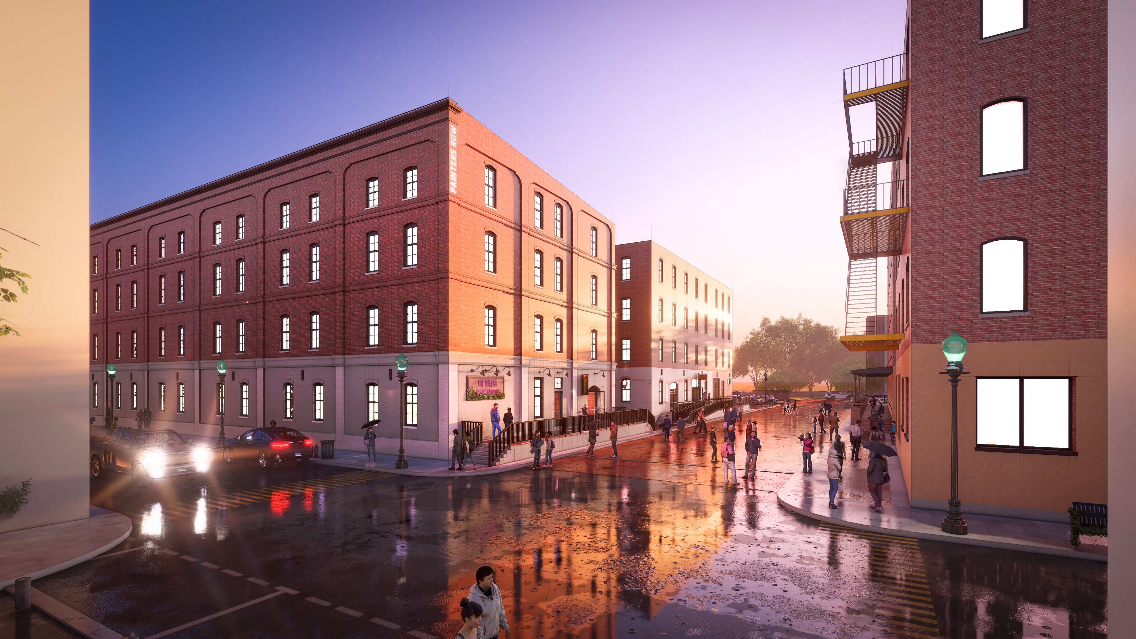 a rendering of a city street with buildings and pedestrians